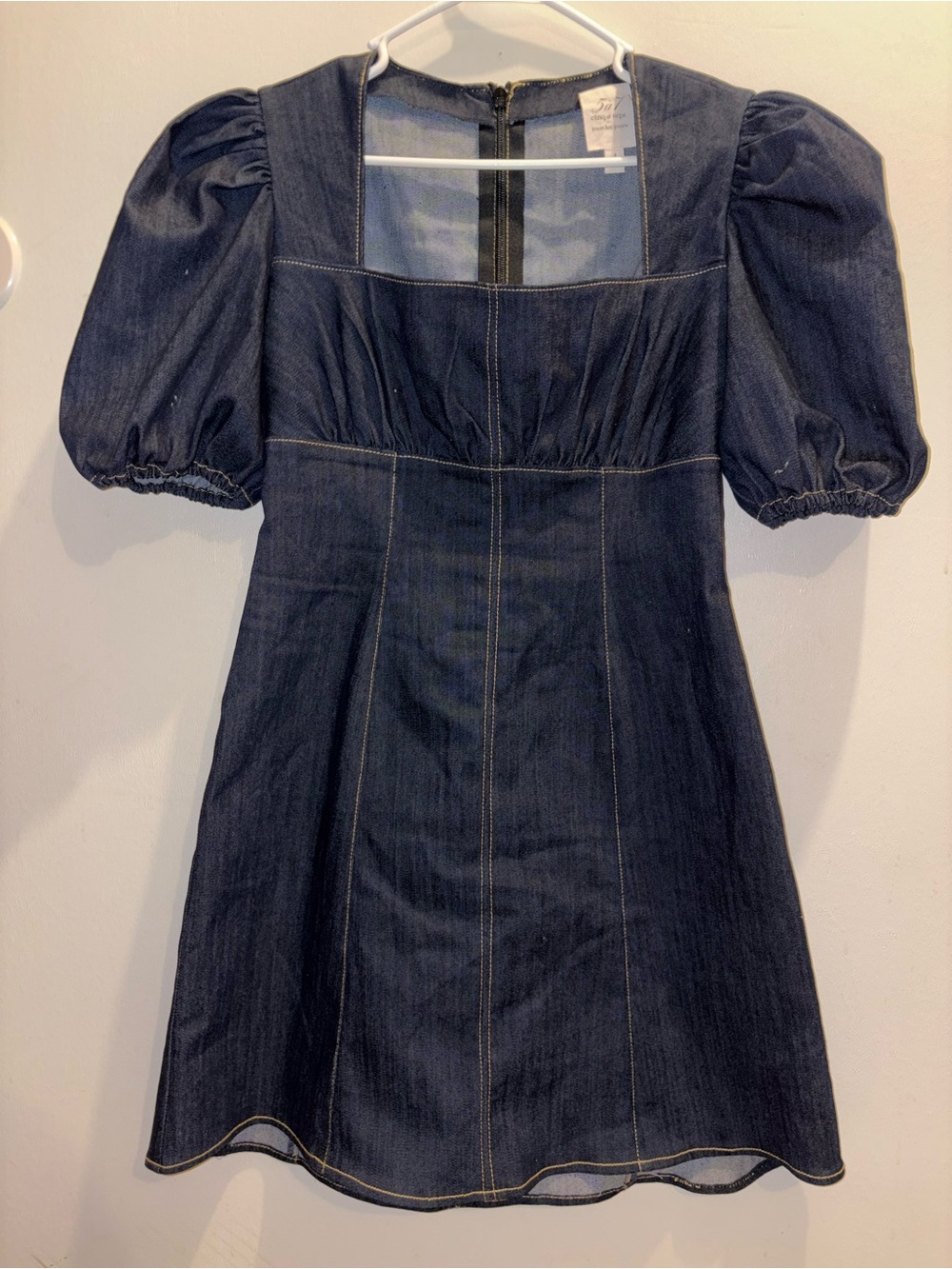 cinq a sept Dark Blue Denim Puff-Sleeve Mini Dress